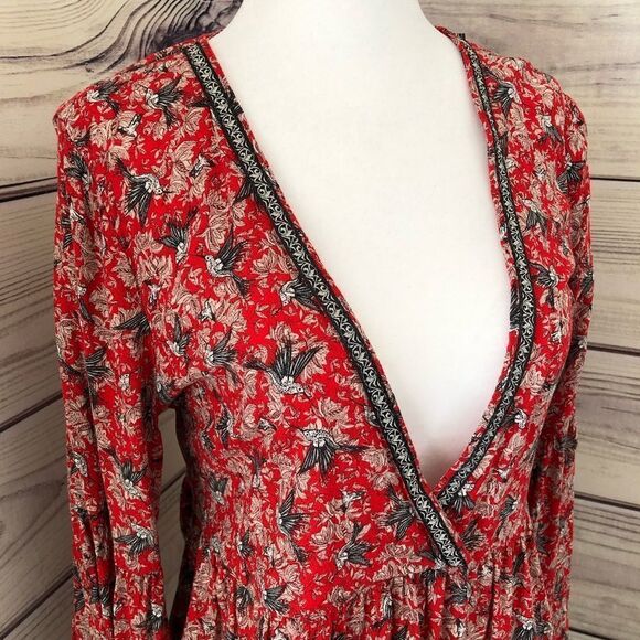 Ivy Jane Red Floral Bird Print Low Cut Long Sleeve Blouse Small - Picture 2 of 6